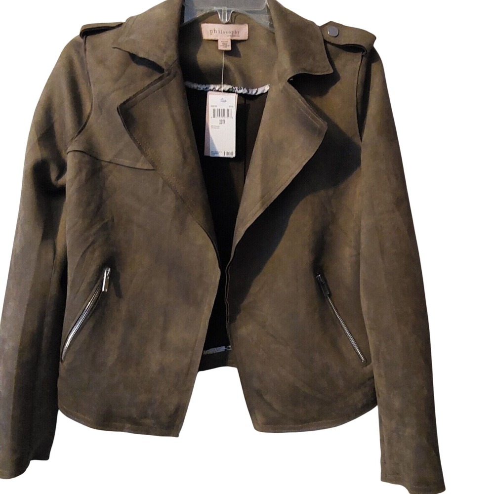 NWT Philosophy Faux Leather Moss Green Suede Size XS Open Style Jacket MSRP 108.